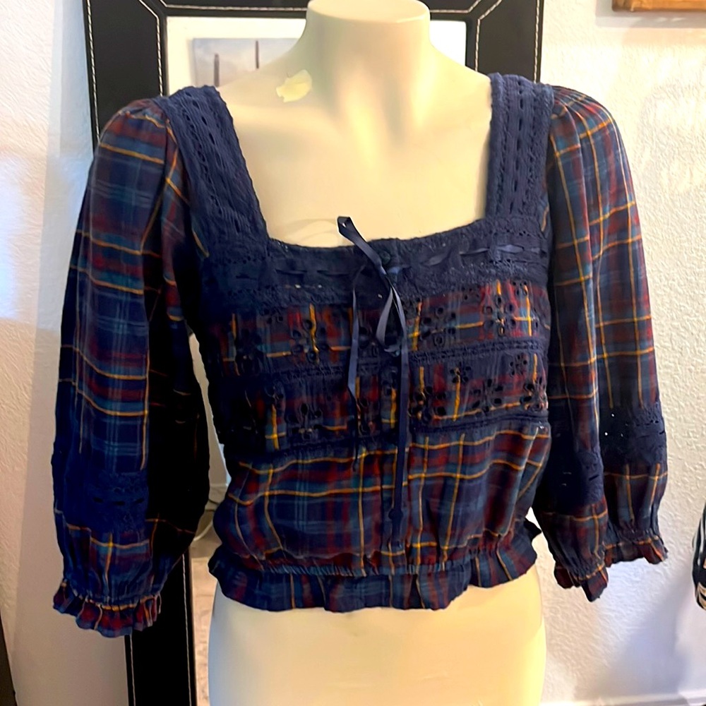 American Eagle Puff Sleeve Plaid Crop Top Prairie Lace Eyelet Boho Size medium
